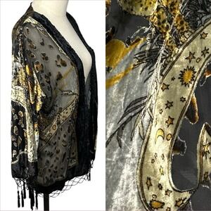 Jayley Silk Blend Velvet Fringe Kimono Boho Festival Celestial Whimsigoth S-L